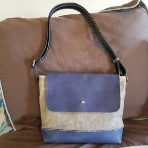 TSD Brand Blue Leather and Canvas Crossbody with Black Strap Handbag